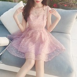2015韩版夏装新款修身无袖蕾丝网纱公主蓬蓬短裙欧根纱连衣裙女潮