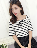 2016韩版夏季新款前后两穿条纹一字领针织衫女t恤中袖打底上衣