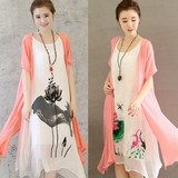 【天天特价】棉麻连衣裙两件套中国风印花水墨画套装裙女装中长款