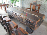 老船木双拼龙骨茶台仿古中式功夫茶桌原生态海螺孔龙骨茶桌椅组合