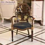 欧式复古实木皮艺餐椅书椅美式新古典描金扶手靠背镂空创意休闲椅