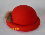 hm同款新款韩国版澳洲羊毛圆顶卷边小礼帽英伦复古羊毛呢帽鸵鸟毛