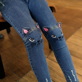 女童牛仔裤2016秋装新款韩版儿童猫咪卡通刺绣加绒长裤修身小脚裤