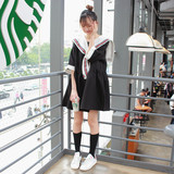 「莫比」韩国单 学院风日系水手海军领高腰宽松娃娃裙中袖连衣裙