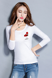 韩版新款秋装欧洲站字母玫瑰花长袖t恤女纯棉修身显瘦打底衫上衣