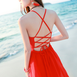 泰国度假必备大红露背吊带海滩雪纺连衣裙波西米亚长裙海边沙滩裙