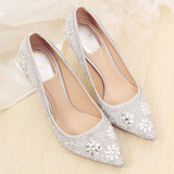 水钻婚纱鞋银色尖头高跟鞋细跟红色伴娘小码女单跟婚鞋水晶新娘鞋