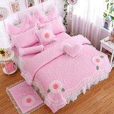 韩版高档绗缝粉色莫代尔春夏纯色四件套全棉素色田园结婚床上用品