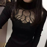 秋装新款韩版时尚性感网纱蕾丝拼接镂空修身套头毛衣女打底针织衫