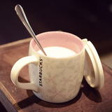 星巴克樱花杯子创意带盖陶瓷马克杯咖啡杯办公室水杯下午茶泡麦片
