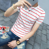 夏季条纹短袖T恤男韩版修身圆领半袖体恤海魂衫中学生s码衣服9.9