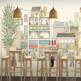 现代3D手绘城市街景大型壁画墙纸休闲咖啡餐厅客厅办公室背景壁纸