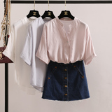 2016夏装新款韩国文艺范气质V领纯色宽松棉麻衬衫百搭短袖衬衣