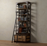 loft美式乡村金属实木展示柜书房柜带梯书柜陈列架隔板柜储物架