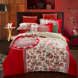 红色四件套纯棉床上用品全棉床单被套斜纹加厚复古民族风大版包邮