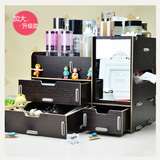 大号化妆品收纳盒木制女韩式带镜子化妆盒梳妆台抽屉储物盒