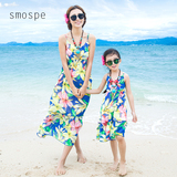 亲子连衣裙沙滩裙母女装夏装2016新款韩国女童印花吊带波西米亚裙