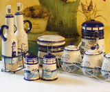 地中海油瓶调味罐调味瓶密封罐套装 手绘陶瓷海洋灯塔厨房系列