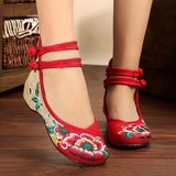 绣花鞋内增高民族风坡跟老北京中式布鞋女红色单鞋夏季广场舞鞋