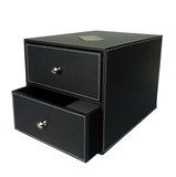 桌面文件柜 大号两层抽屉式 黑色皮革文件收纳柜 资料盒 办公用品