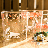 包邮 蛋獭tuuli日本和风樱花系列猫咪鹿兔子玻璃茶咖啡牛奶水杯子