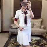 MIUCO女装2016夏季学院风条纹蝴蝶结系带V领针织衫+百褶半裙套装