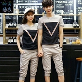 韩版情侣短袖T恤运动套装卫衣男女跑步休闲服两件套学生七分裤夏