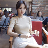 2016夏装女装韩版半高圆领短袖针织衫t恤女纯色上衣薄