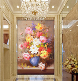 玄关装饰画欧式花卉手绘牡丹油画客厅餐厅走廊过道竖版家居壁布画