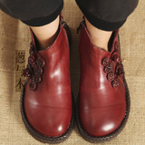 手工牛皮鞋民族风复古女鞋真皮酒红色短靴侧拉链平跟单靴平底踝靴