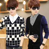 夏季薄款青少年假两件男士长袖t恤修身针织衫韩版秋衣学生上衣服