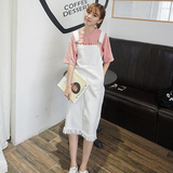 夏季新款甜美学院风白色百搭H型流苏长裙韩国学生高腰牛仔背带裙