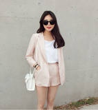 2016夏韩国新款韩版简约修身显瘦休闲长袖女浅粉色西服两件套装