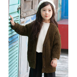 韩国童装女童针织开衫2016春秋新款中大童纯棉粗线毛衣中长款潮品