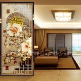 现代中式简约雕刻艺术玻璃隔断屏风玄关柜双面效果富贵大福牡丹花