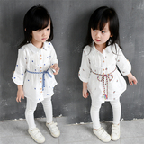 2016春韩版女童纯棉绣花衬衫1-2-3-4-5-6岁女孩刺绣中长款白衬衣