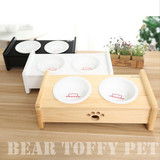 ★bear toffy★宠物食盆 猫咪狗狗餐桌防滑倾斜实木架 陶瓷双碗