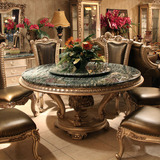 欧式圆餐桌椅组合美式雕花送转盘双层圆形餐台实木餐桌大理石圆桌