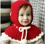 秋冬女宝宝毛线围脖披肩婴儿童连体帽子保暖披风韩国球球斗篷D48