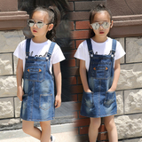 女童牛仔背带裙套装 连衣裙中大童夏季新款百搭短袖两件套韩版潮