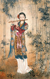 仿真中式古典人物国画 吹笛子的仕女装饰画 琴行书法音乐教室壁画