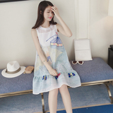 夏季韩版宽松小清新欧根纱刺绣无袖连衣裙套装+吊带裙子两件套潮