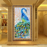 客厅餐厅装饰画 抽象手绘油画 现代客厅玄关过道竖幅挂画富贵孔雀
