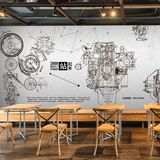 复古汽车机械金属工业风大型壁纸创意黑白素描简约墙纸咖啡厅壁画