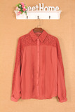 日本单   宇博外贸女士方领单排扣镂空蕾丝拼接雪纺宽松衬衫 C21