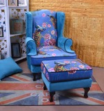美式单人蓝色绒布孔雀老虎椅简约沙发布艺凳客厅婚纱道具形象座椅