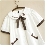 夏季韩版学院风短袖娃娃领刺绣衬衫女可爱白色学生领带娃娃衫上衣