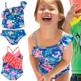 欧美出口儿童泳衣女童裙式斜肩荷叶女孩印花分体泳装宝宝婴儿温泉