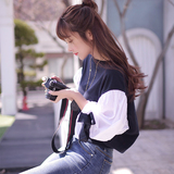 2016春夏韩版新款纯色宫廷灯笼袖拼接衬衫白色直筒泡泡长袖上衣潮