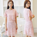 韩国代购2016夏季新款蕾丝连衣裙修身中长款a字裙短袖粉色套装女